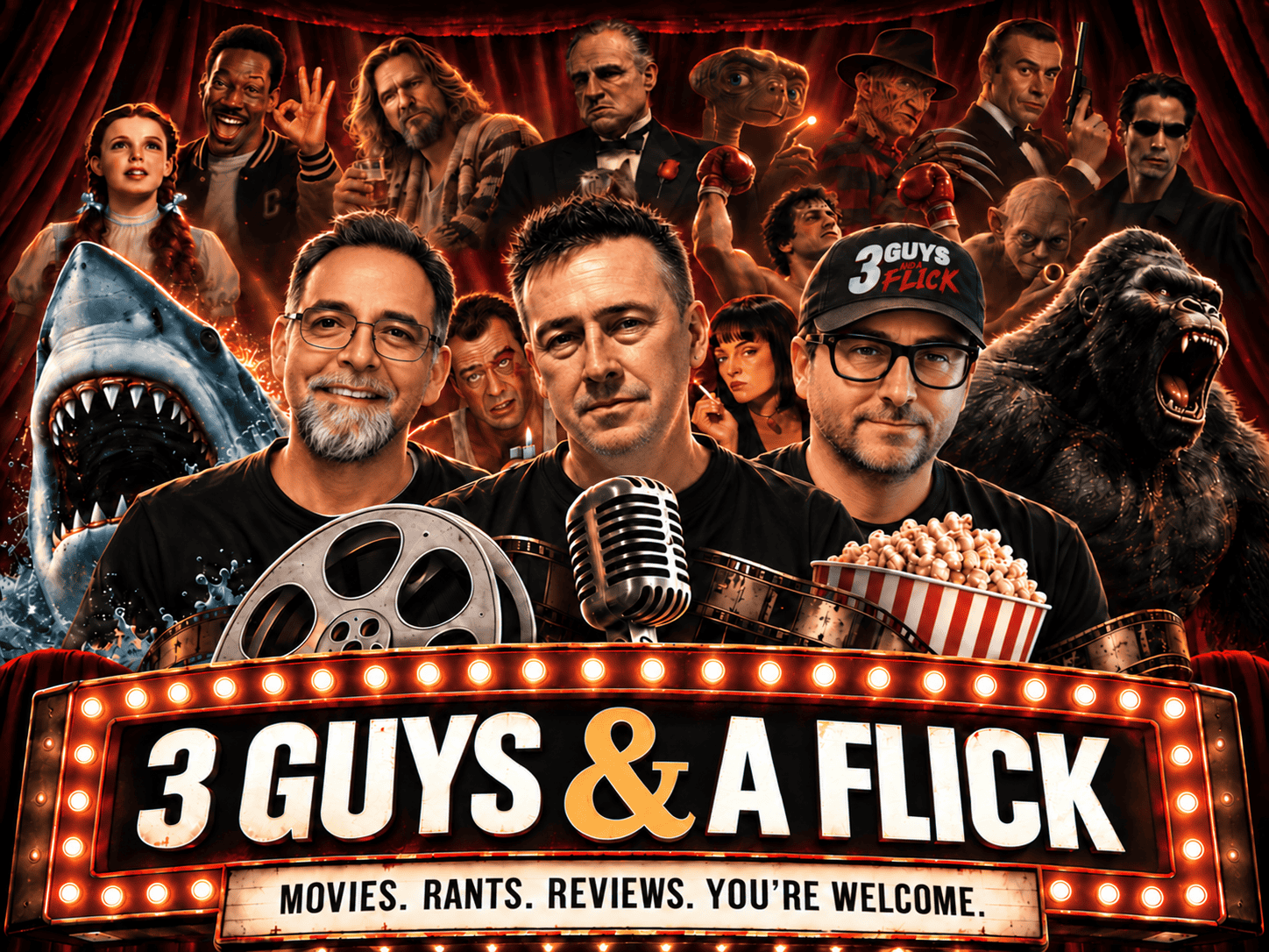 Group of hosts with movie props and characters on stage for podcast.