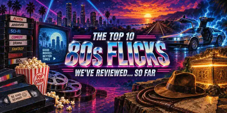 Retro 80s movie poster with DeLorean, neon cityscape, and film reels.