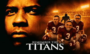 Remember the Titans movie poster with football players and a large face of a young man.