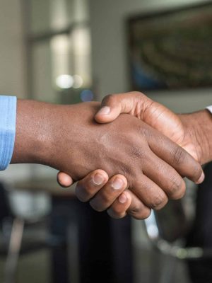 Close-up of two men's handshake symbolizing agreement in an office.