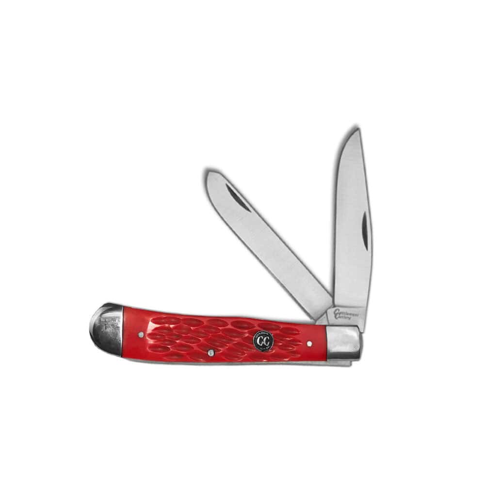 open cattleman trapper jigged delrin knives in red
