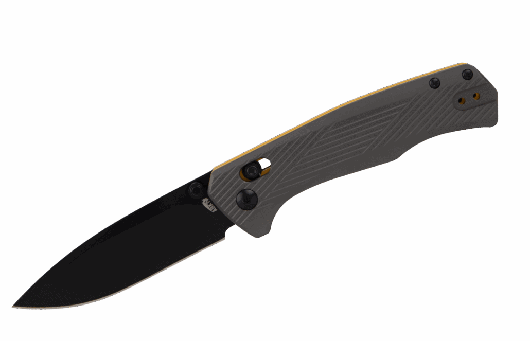 ABKT tactical folding knife with a textured grey handle and black-coated drop point blade on a black background.