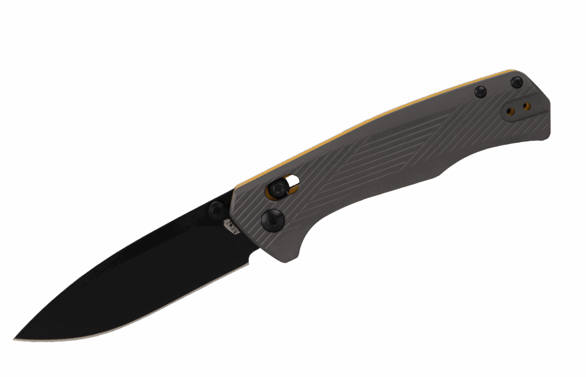 ABKT tactical folding knife with a textured grey handle and black-coated drop point blade on a black background.