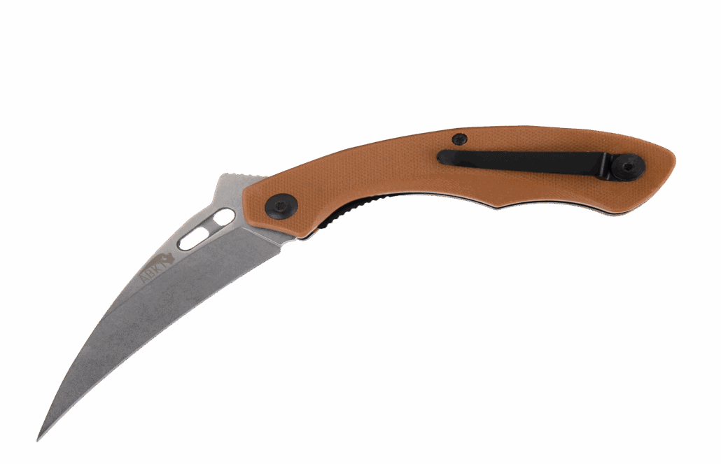 ABKT tactical folding pocket knife with a tan textured grip and ergonomic curved design. Lightweight EDC tool for professional use.