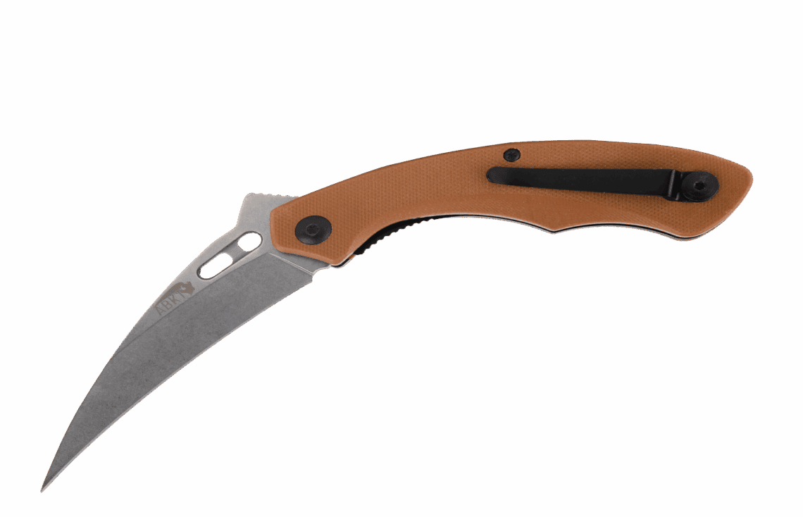 ABKT tactical folding pocket knife with a tan textured grip and ergonomic curved design. Lightweight EDC tool for professional use.
