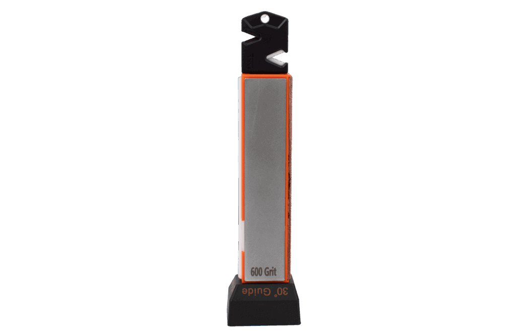 ABKT guided field sharpener featuring a 600 grit diamond plate, a 20-degree sharpening guide, and a ceramic rod on a black background.