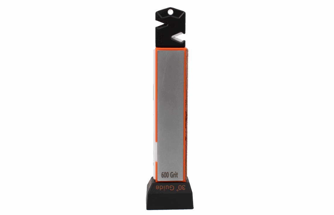 ABKT guided field sharpener featuring a 600 grit diamond plate, a 20-degree sharpening guide, and a ceramic rod on a black background.