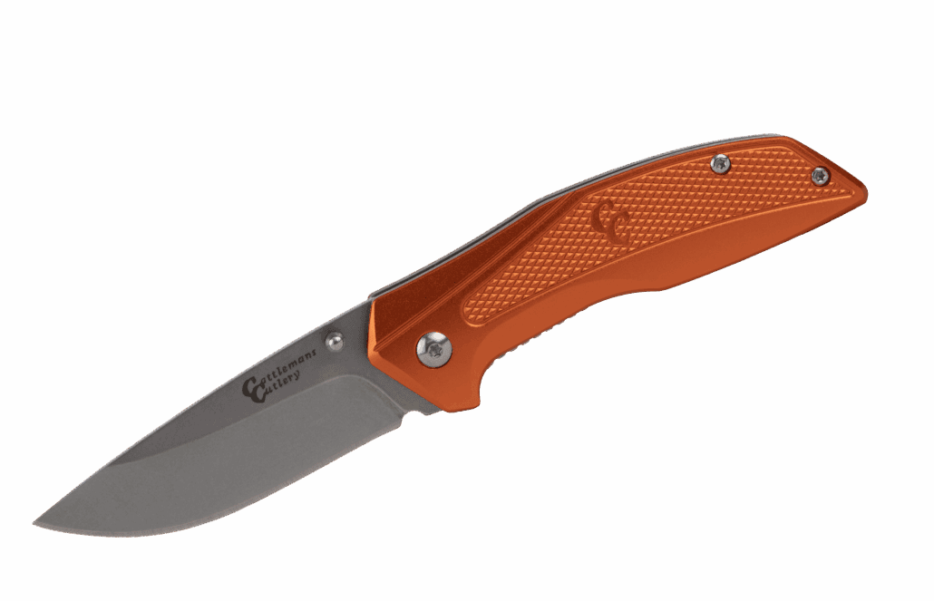 Cattlemans Cutlery modern folding knife with a vibrant orange textured handle and a grey drop point blade featuring a thumb stud.