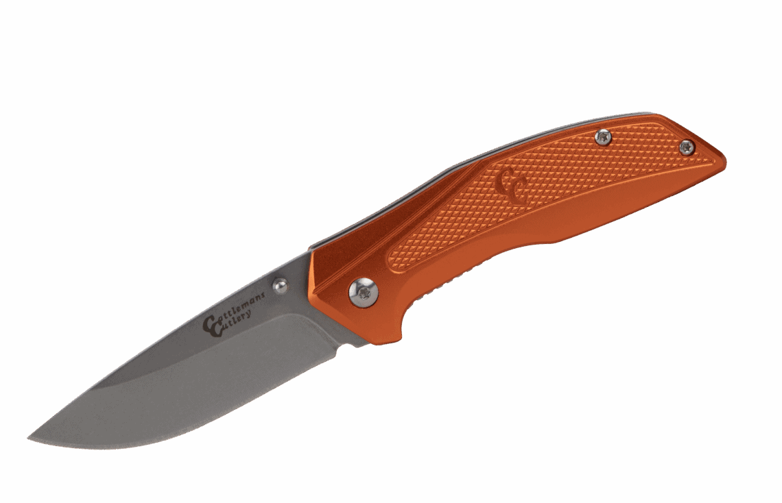 Cattlemans Cutlery modern folding knife with a vibrant orange textured handle and a grey drop point blade featuring a thumb stud.
