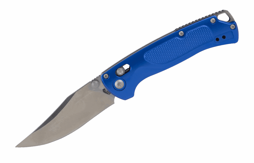 ABKT folding pocket knife with a bright blue textured handle, featuring a crossbar lock and a clip point blade on a black background.