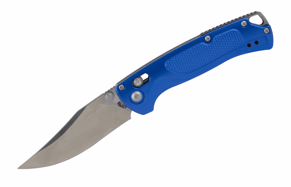 ABKT folding pocket knife with a bright blue textured handle, featuring a crossbar lock and a clip point blade on a black background.