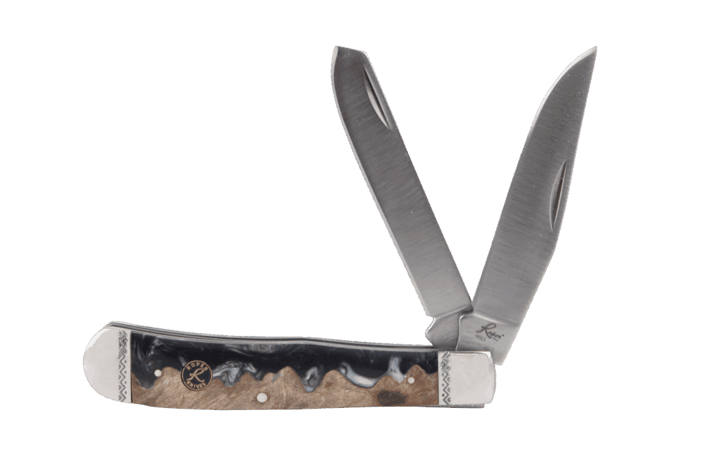 Roper Knives two-blade folding pocket knife featuring a unique hybrid handle with wood and blue swirl resin on a black background.