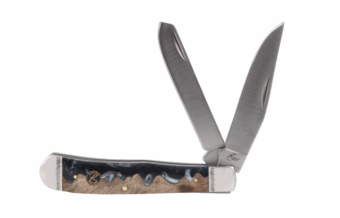 Roper Knives two-blade folding pocket knife featuring a unique hybrid handle with wood and blue swirl resin on a black background.