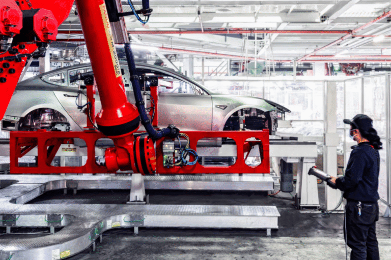 Automotive manufacturing robots assembling electric vehicle Tesla chassis on an assembly line Tesla Berlin Gigafactory.