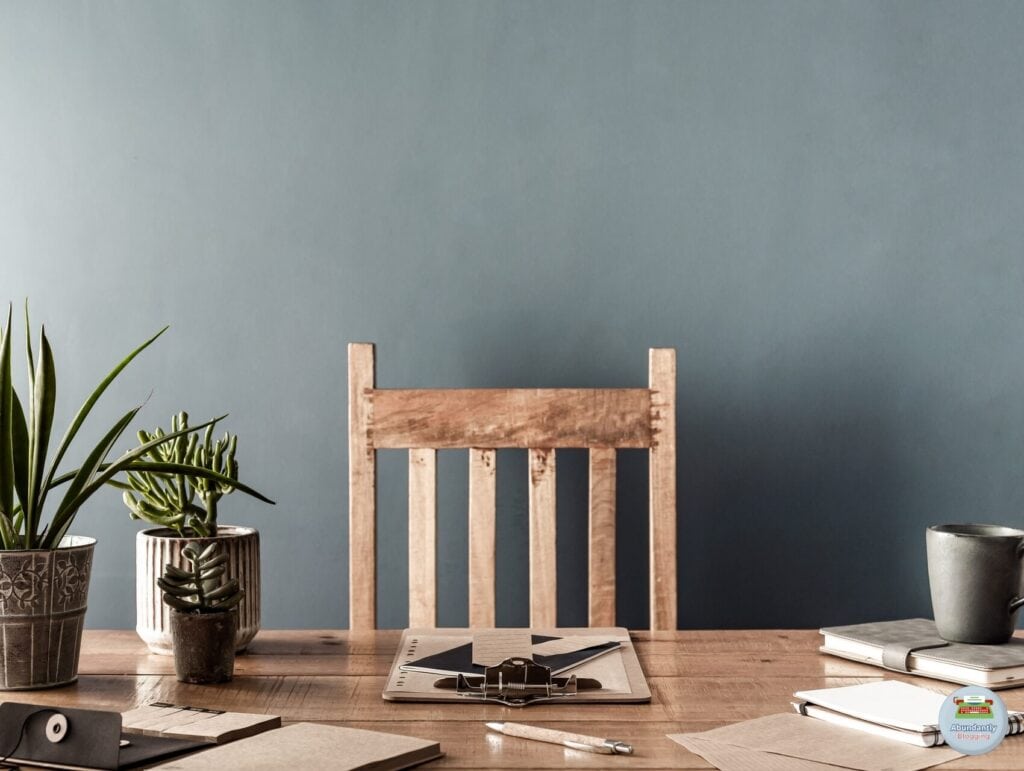 A wooden chair and desk with items like notebooks, a pen, a clipboard scattered around. On the desk are three plants and a mug - Reasons for Procrastination