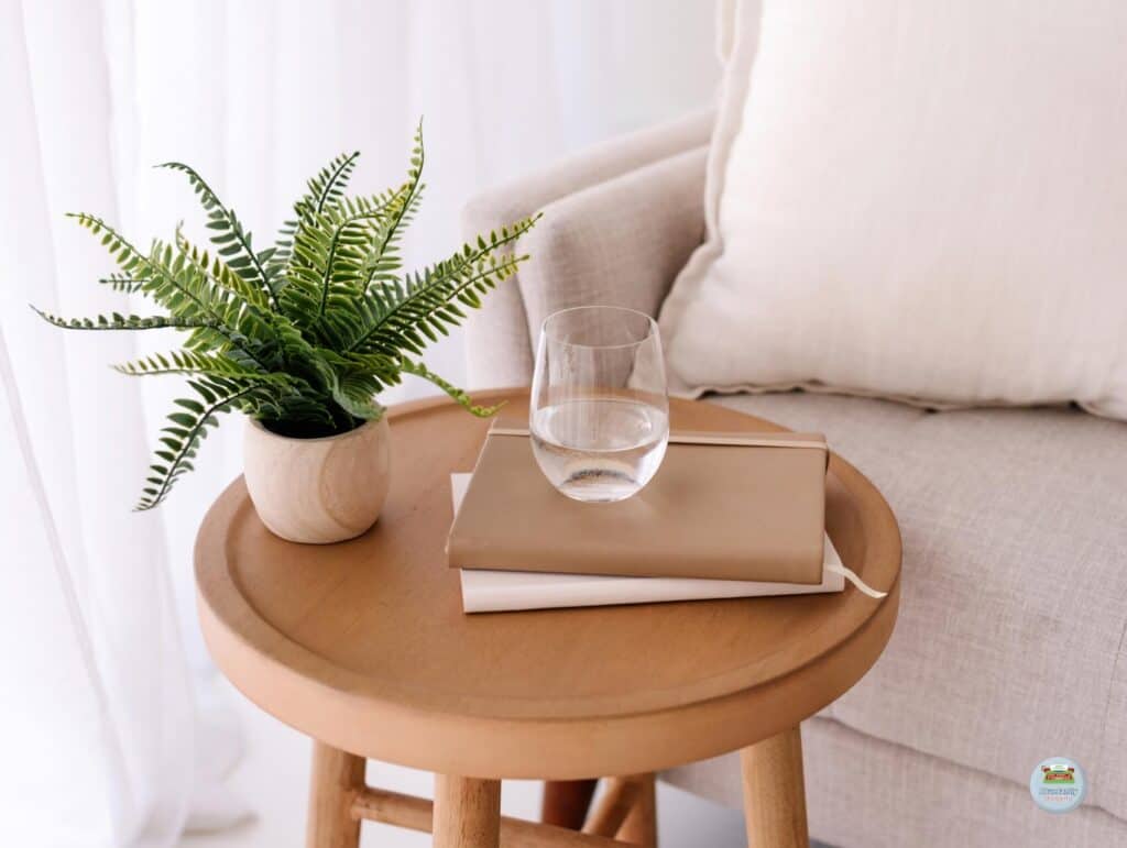 A little brown side table by a creme couch. On the table is a little plant, 2 notebooks and a glass of water - 80/20 Rule in Blogging