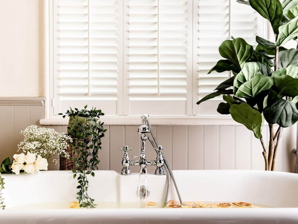 a view of a bath tub filling with water. there are 3 plants and some roses. the white blinds are in the back are closed - evening routine ideas