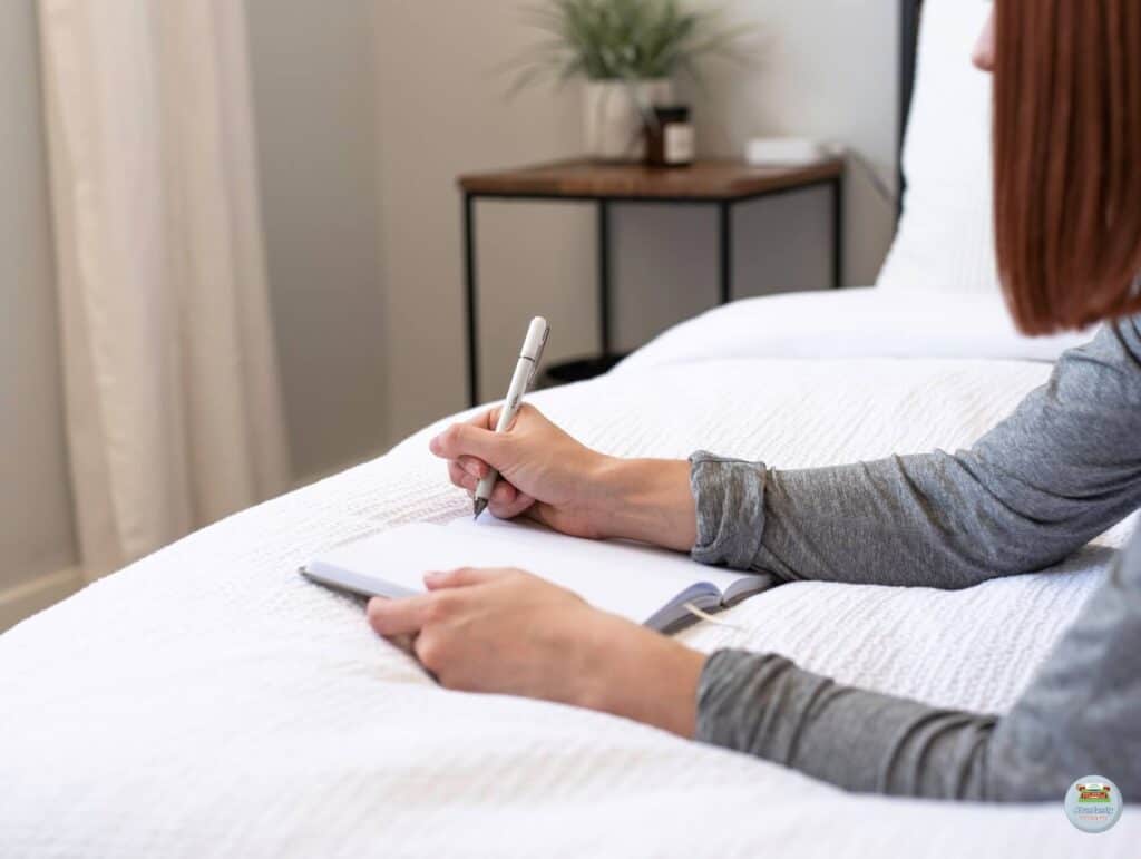 a woman lying on her bed on her stomach writing in her notebook - How to repurpose