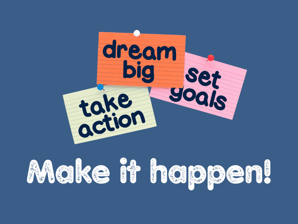 A graphic with 3 notes is different colors. On the notes is written: Dream Big, Set Goals, Take Action. Under it says: Make it happen! - long-term blogging goals