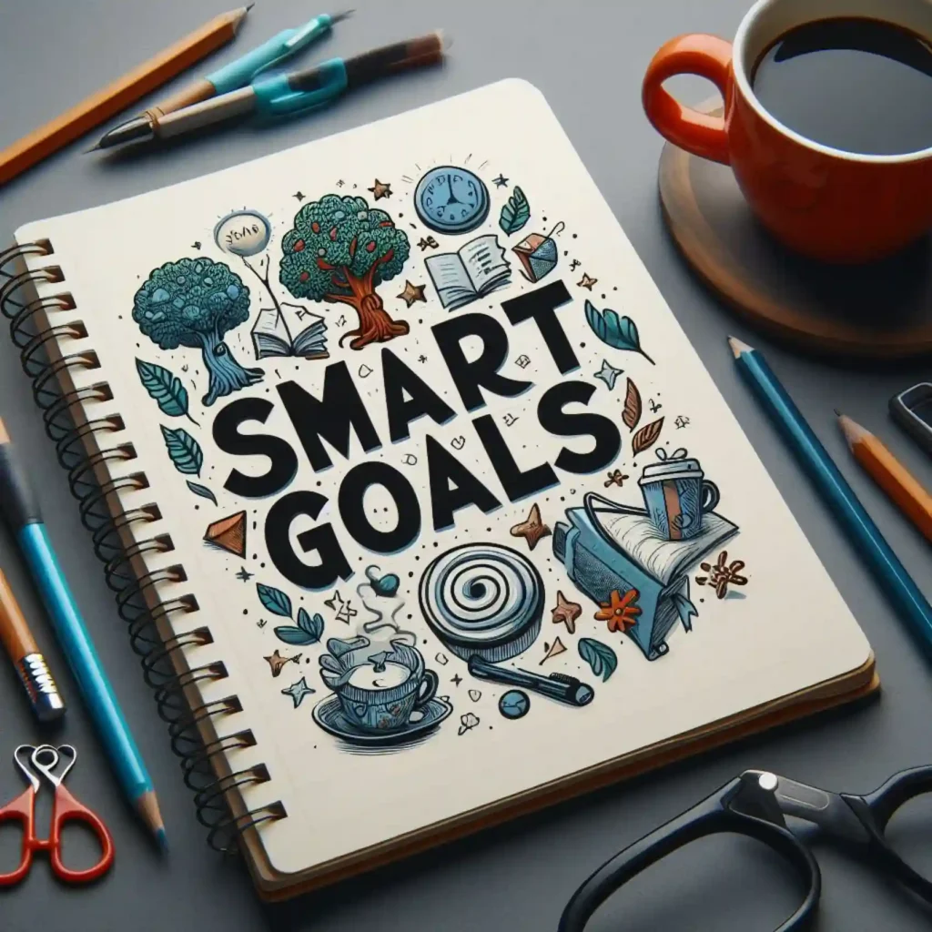notebook with pencils and a cup of coffee. In the notebook it says Smart Goals - financial goals for bloggers