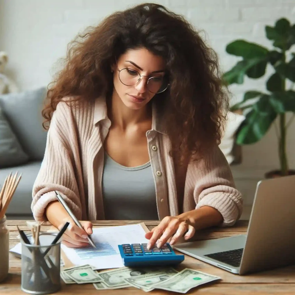 a woman sitting at her desk calculating and writing on a piece of paper - financial goals for bloggers