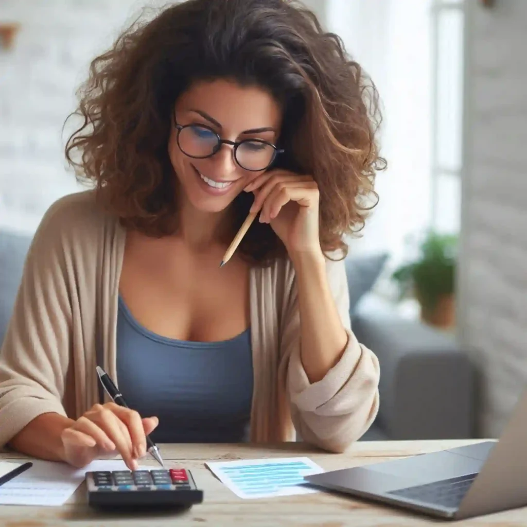 a woman sitting at her desk calculating and writing on a piece of paper - financial goals for bloggers