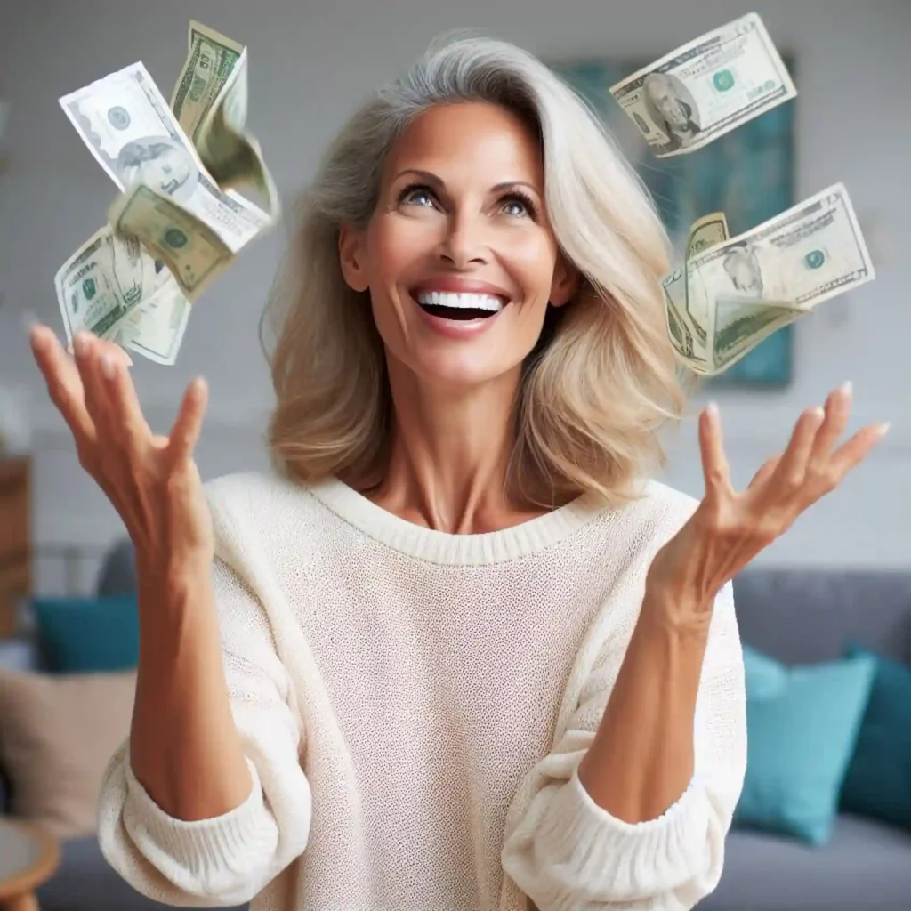 a happy woman smiling widely throwing dollar bills in the air - financial goals for bloggers