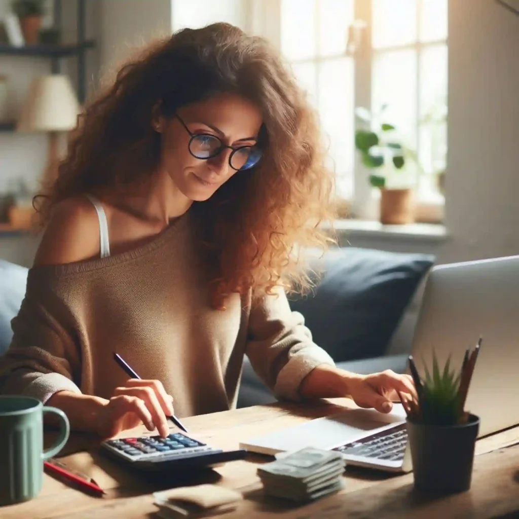 a woman sitting at her desk calculating and working on her laptop - financial goals for bloggers
