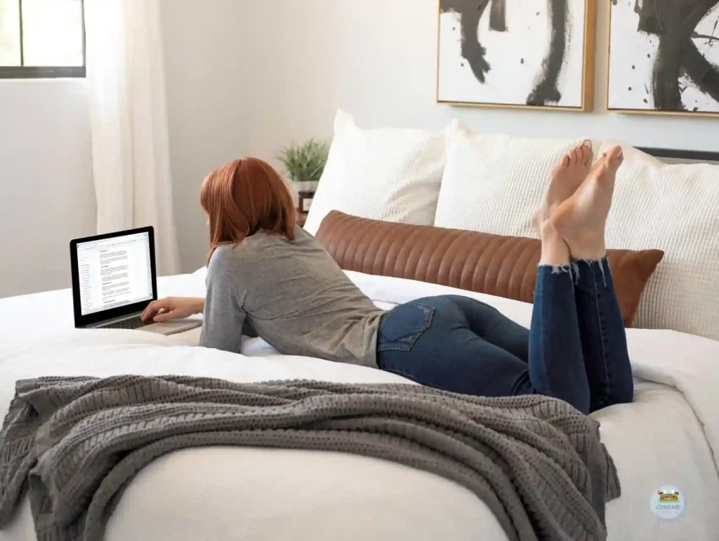 a woman lying on her bed on her stomach working on her laptop on a document - time management tips for bloggers