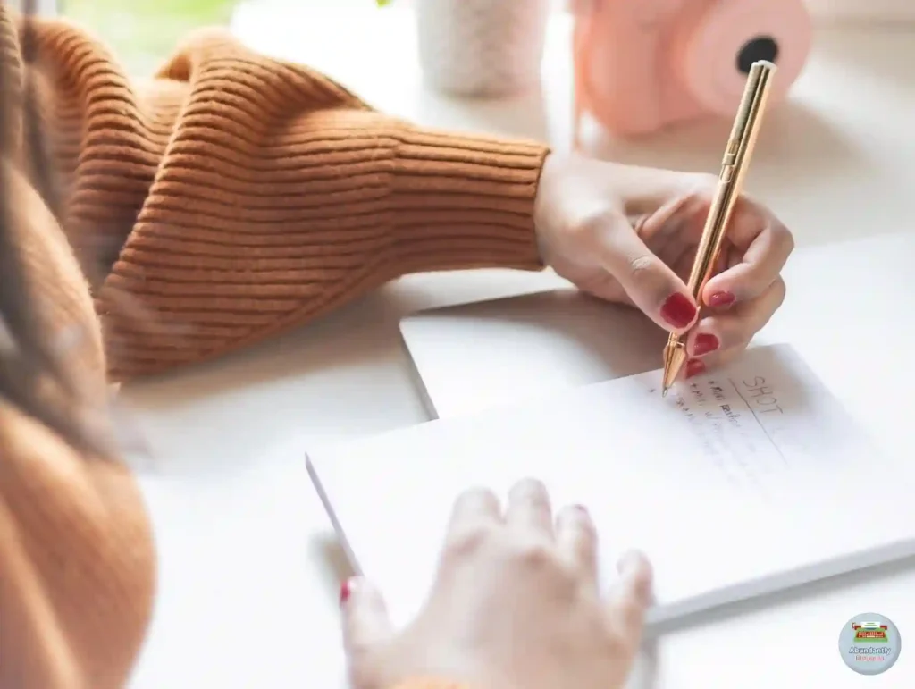 Woman having a brainstorming session with pen and notebook - time management tips for bloggers