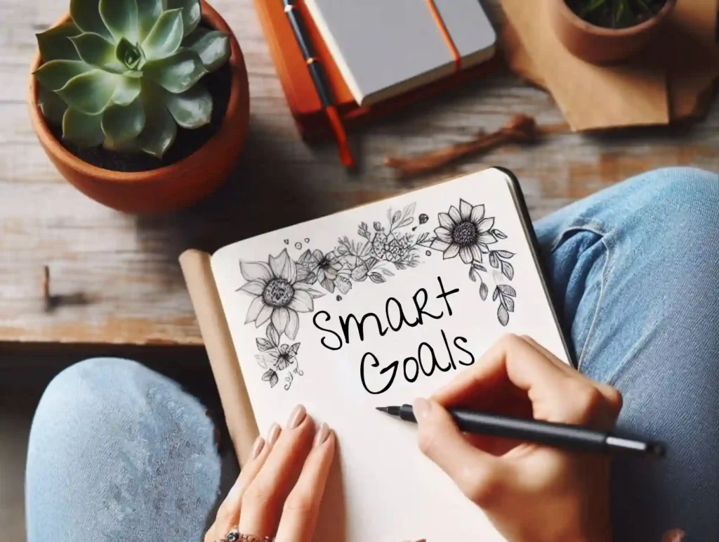 woman doodling in her notebook and writing down her SMART goals - affiliate marketing goals