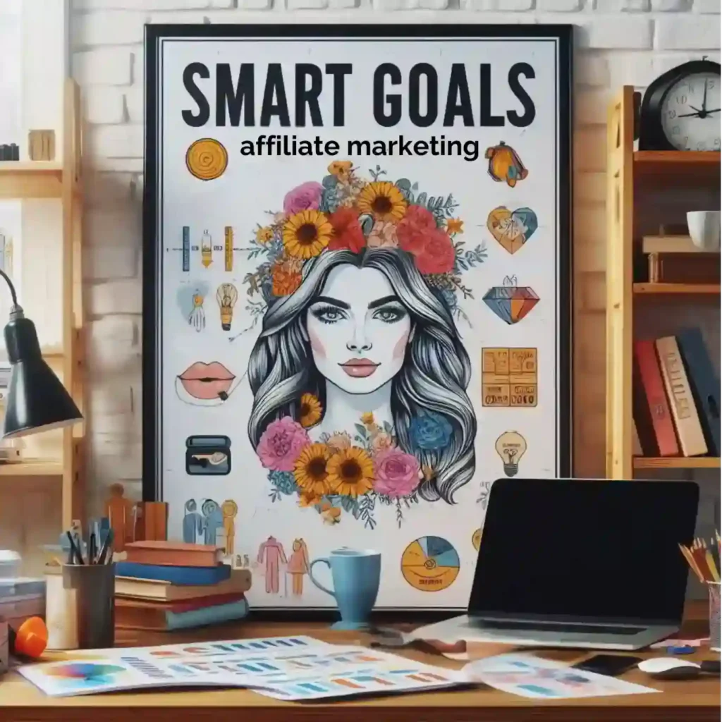 a framed poster of a woman surrounded by flowers and object with the text "SMART goals affiliate marketing". The poster is sitting on a desk that has a lot of office supplies on it including an open laptop - affiliate marketing goals