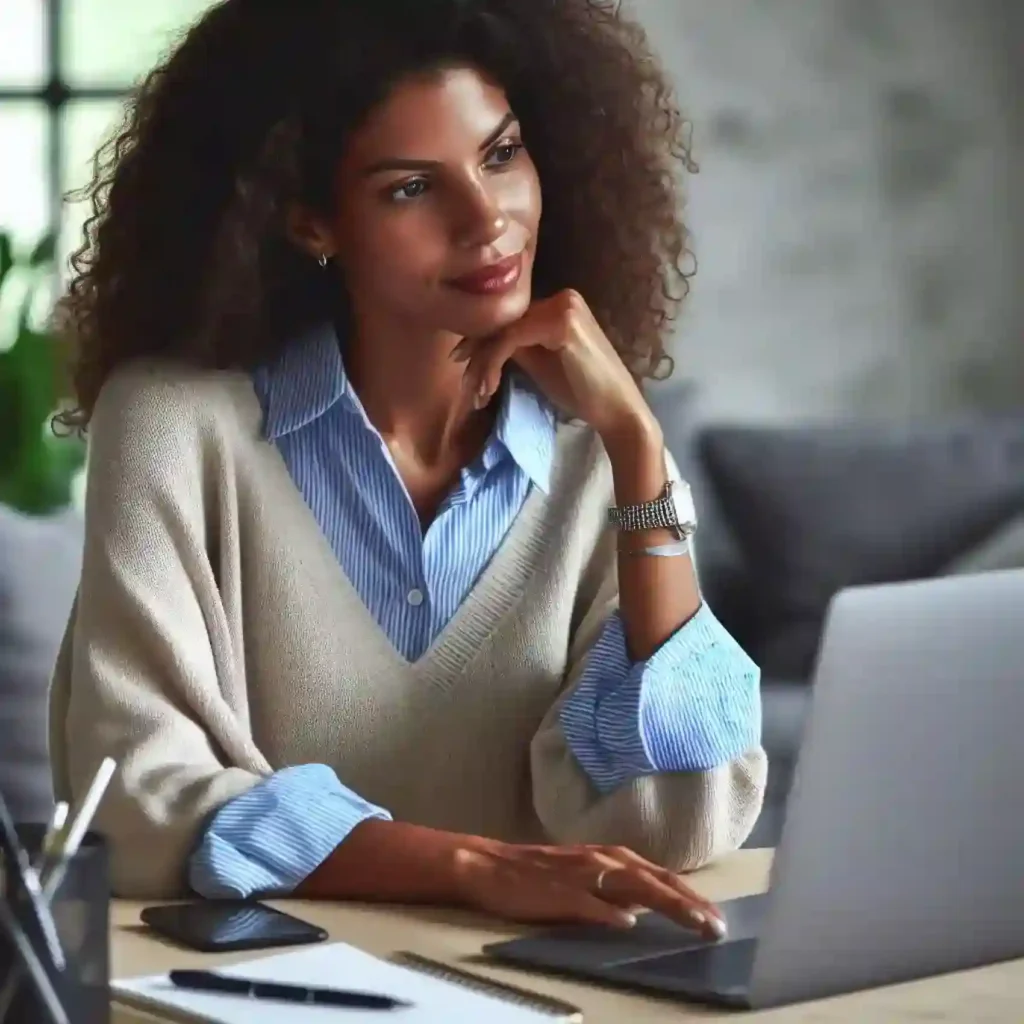 a woman behind her laptop sitting at her desk working in her home office - affiliate marketing goals