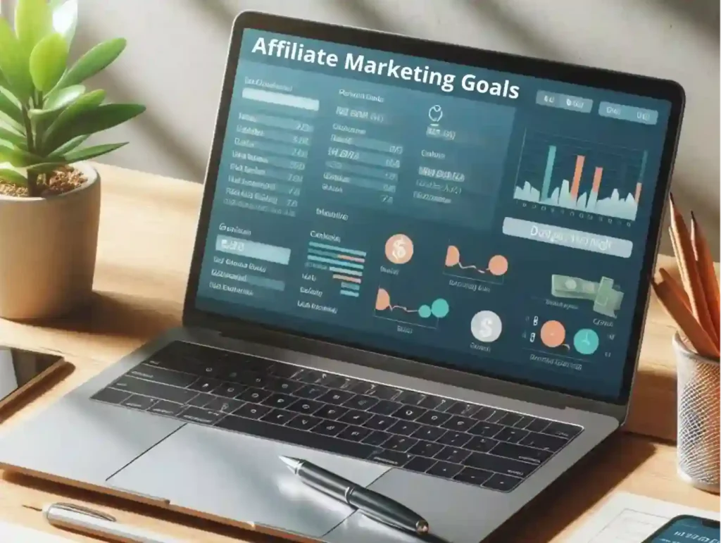 an open laptop on a home office desk surrounded by office supplies and a little plant. On the screen are numbers, graphs, and such - affiliate marketing goals
