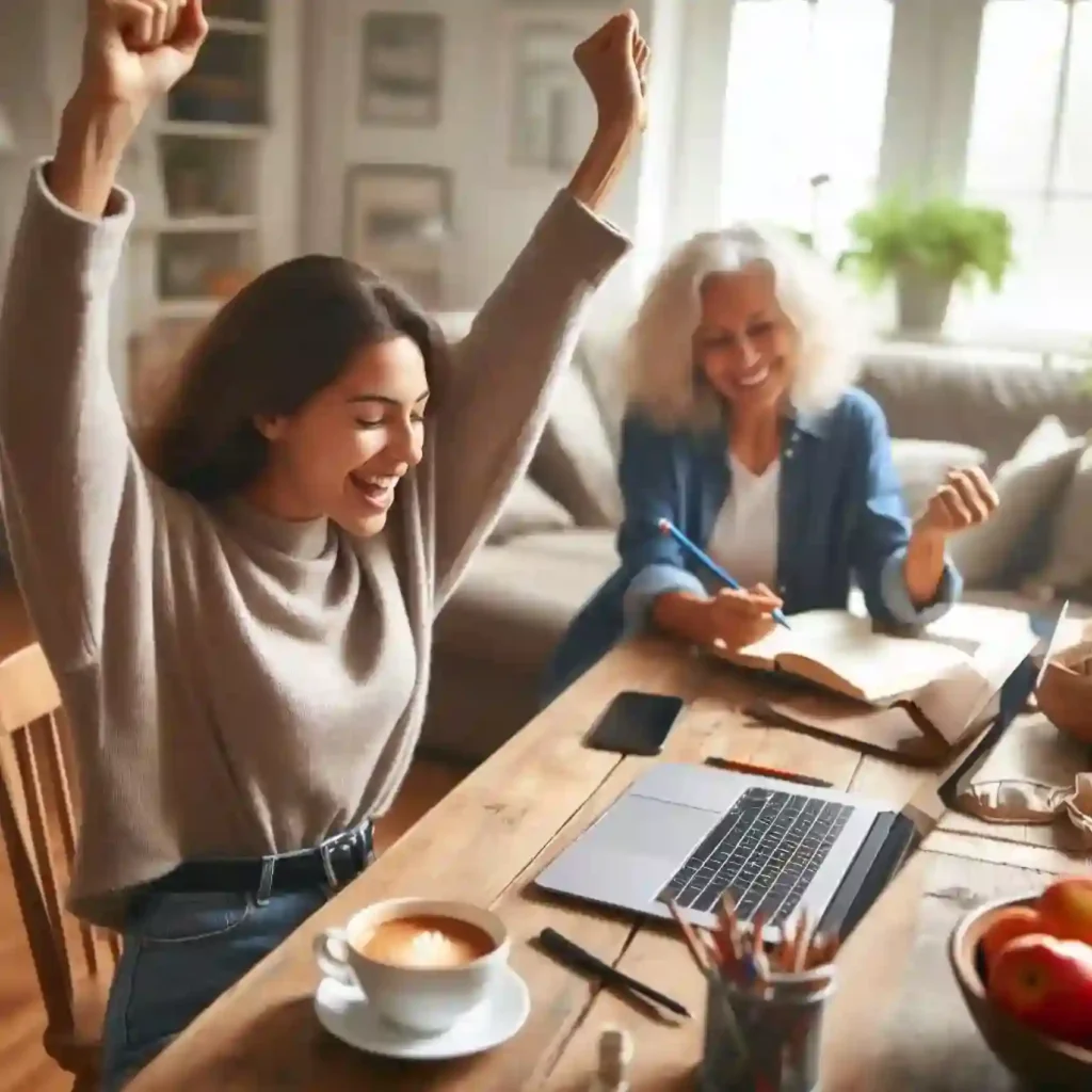 a woman behind her laptop in her home office cheering with her hands in the air. She has company of another woman who is writing in her notebook. Both are smiling and happy - affiliate marketing goals