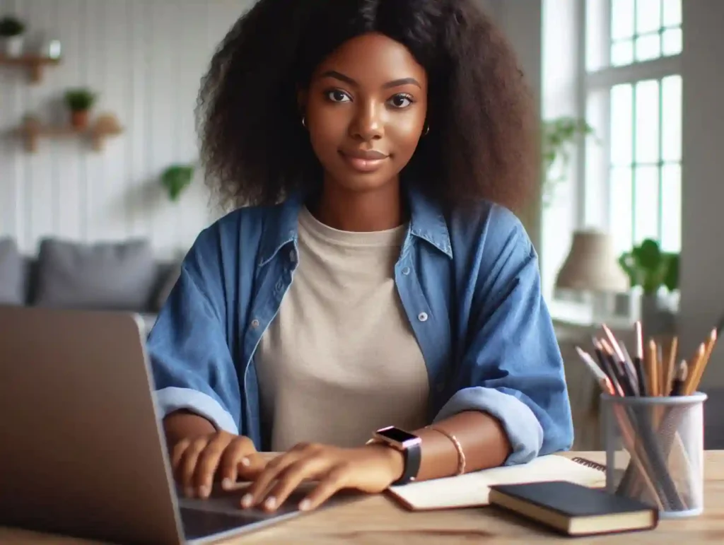 a young woman working on her laptop at her desk situated in her home office - affiliate marketing goals