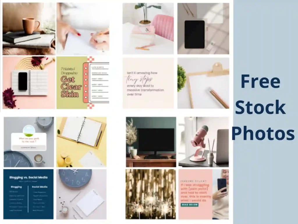 A collection of lifestyle and workspace stock photos featuring coffee cups, planners, desk setups, and motivational quotes in a cohesive pink, white, and neutral color palette - Ivory Mix Review