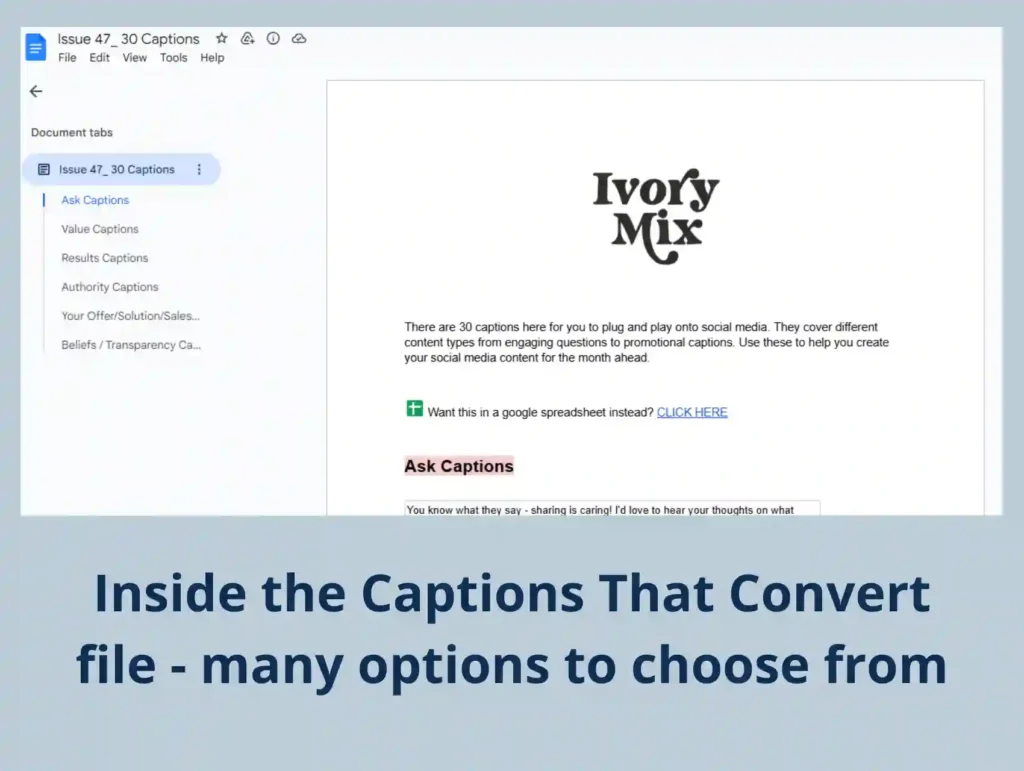 A Google Docs interface displaying the "30 Captions" document with organized sections for different caption types including Ask Captions, Value Captions, and Results Captions under the Ivory Mix branding - Ivory Mix Review