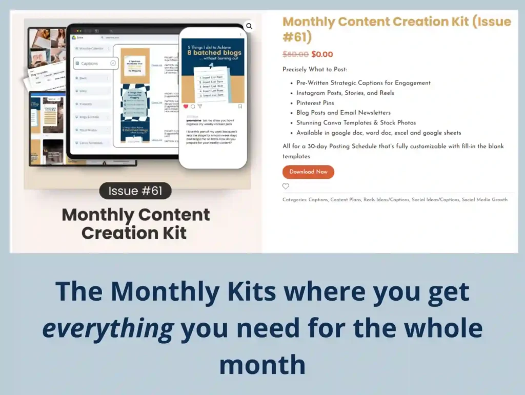 A product showcase featuring Issue #61 of the Monthly Content Creation Kit displaying a smartphone mockup with multiple content templates, blog post ideas, and social media content examples - Ivory Mix Review