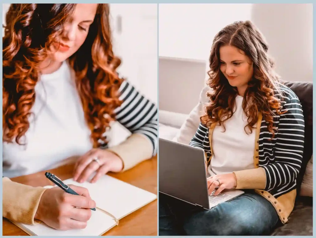 A split-screen lifestyle photo showing a content creator with curly auburn hair writing in a notebook and working on a laptop while wearing a striped cardigan and white top - Ivory Mix Review
