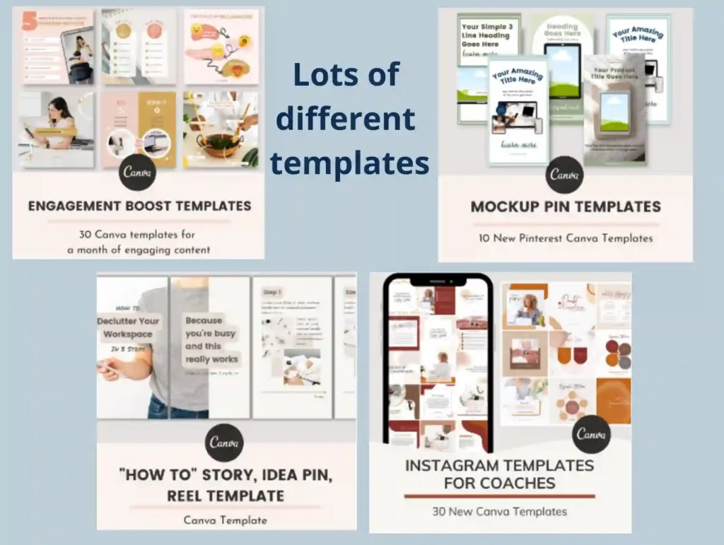 A collection of four different Canva template sets including Engagement Boost Templates, Pinterest Mockups, How-To Story templates, and Instagram Templates for Coaches, all showcasing modern, feminine designs - Ivory Mix Review