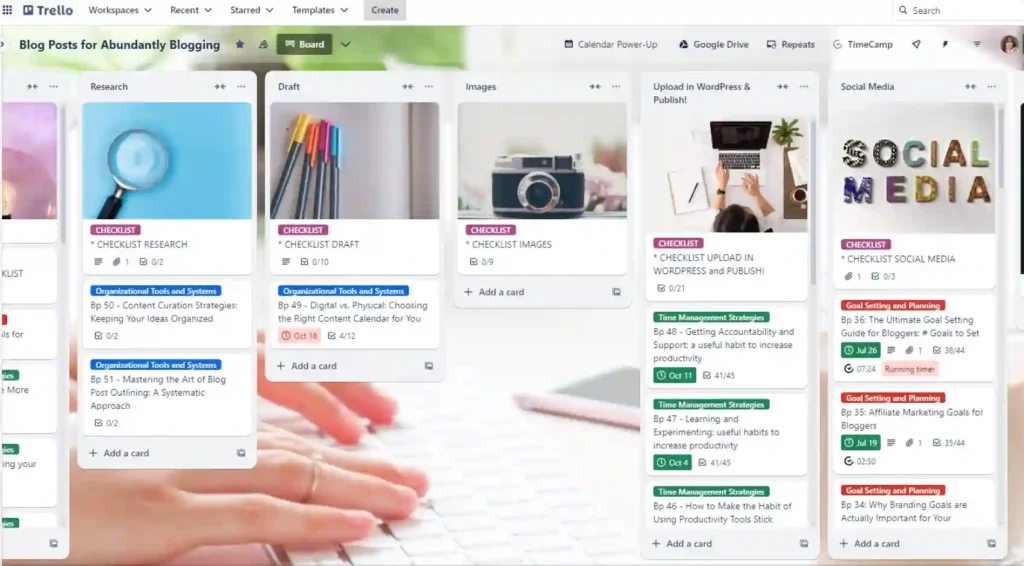 Screenshot of Trello board for blog posts - digital vs physical planner