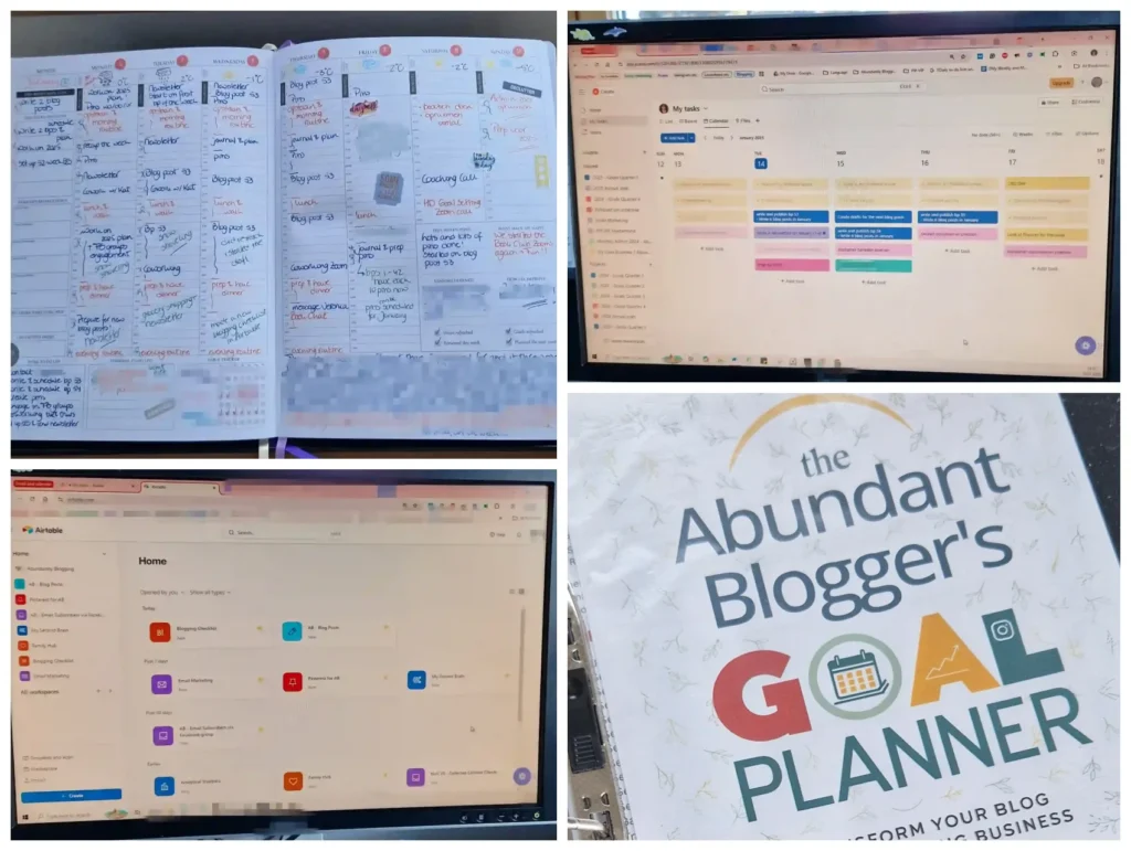 How to use a planner: collage of Legend planner, Abundant Blogger's Goal Planner, Asana screen, and Airtable screen