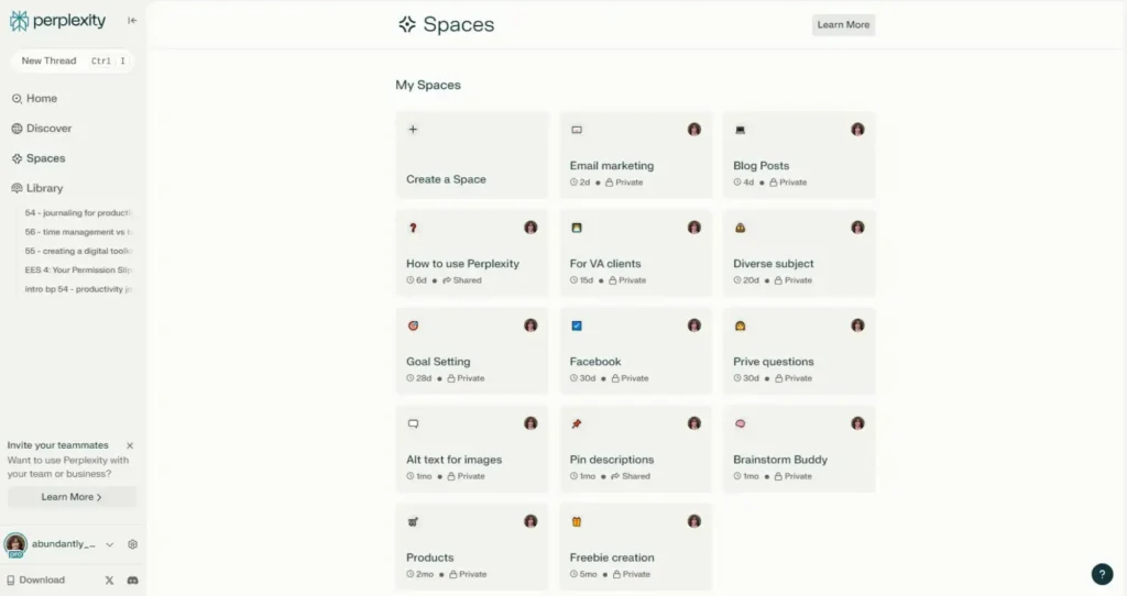A clean, organized dashboard view of Perplexity Spaces showing multiple project cards including "Email marketing," "Blog Posts," and "Goal Setting," with privacy indicators and time stamps - blogging toolkit