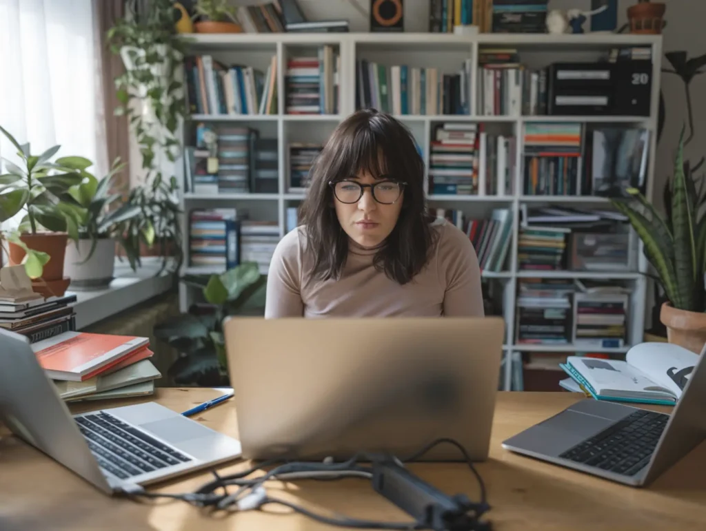 A woman with dark hair and glasses sits at a wooden desk surrounded by bookshelves and plants, working intently on a laptop with multiple devices and books spread across her workspace. - overcome imposter syndrome