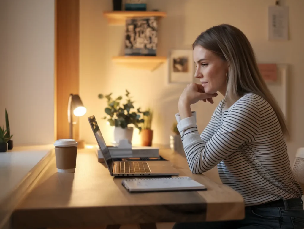 A woman in a striped sweater sits contemplatively at a desk in warm lighting, with a coffee cup nearby and plants decorating the background, while working on her laptop. - overcome imposter syndrome