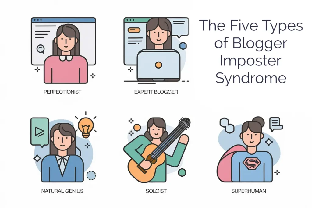 An illustration showing five types of blogger imposter syndrome personas depicted as cartoon characters: the perfectionist in pink, the expert blogger with a laptop, the natural genius with a lightbulb, the soloist with a guitar, and the superhuman wearing a superman-style outfit. - overcome imposter syndrome