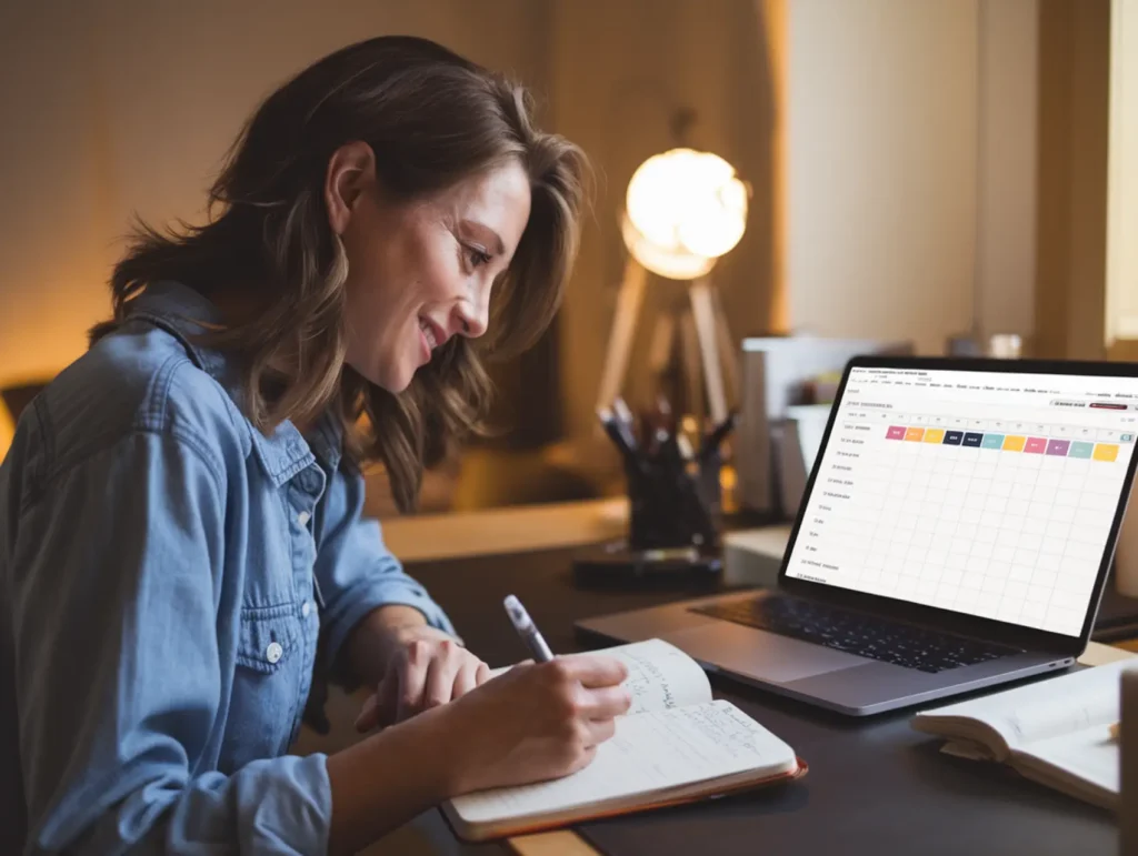 A woman wearing a denim shirt smiles while writing in a notebook at a warmly lit desk, with a laptop displaying a colorful calendar interface beside her. - overcome imposter syndrome