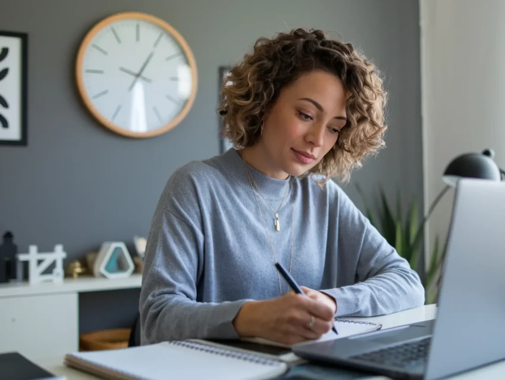 A woman with curly hair in a light blue sweater writes in a notebook at their desk while working on a laptop, with a wall clock visible in the background - audit your time.