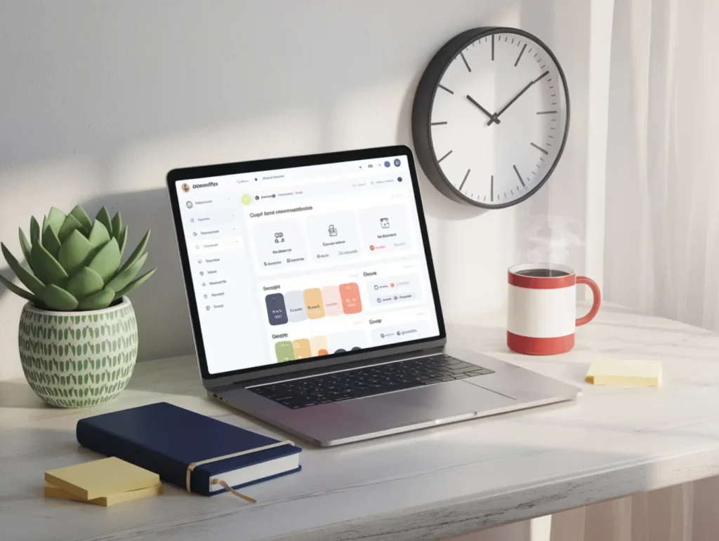 A minimalist workspace featuring a laptop displaying a colorful dashboard interface, alongside a succulent plant, notebook, sticky notes, coffee mug, and wall clock - audit your time